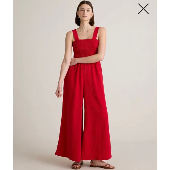 Quince Pants - Quince Women's Organic Cotton Gauze Smocked Wide Leg Jumpsuit Cherry Red Sz S